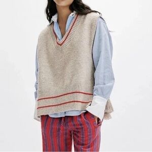 Free People All Star Stripe Poncho Oversized Sleeveless Sweater Vest Tie Tassel